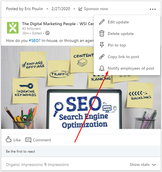 LinkedIn Company Page Notify Employees Of Post