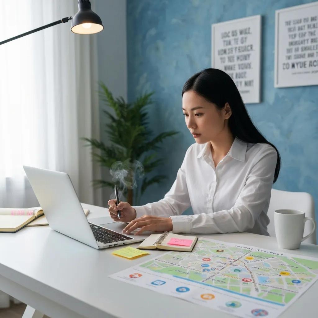 Person conducting local keyword research on a laptop in a creative workspace, emphasizing local SEO strategies