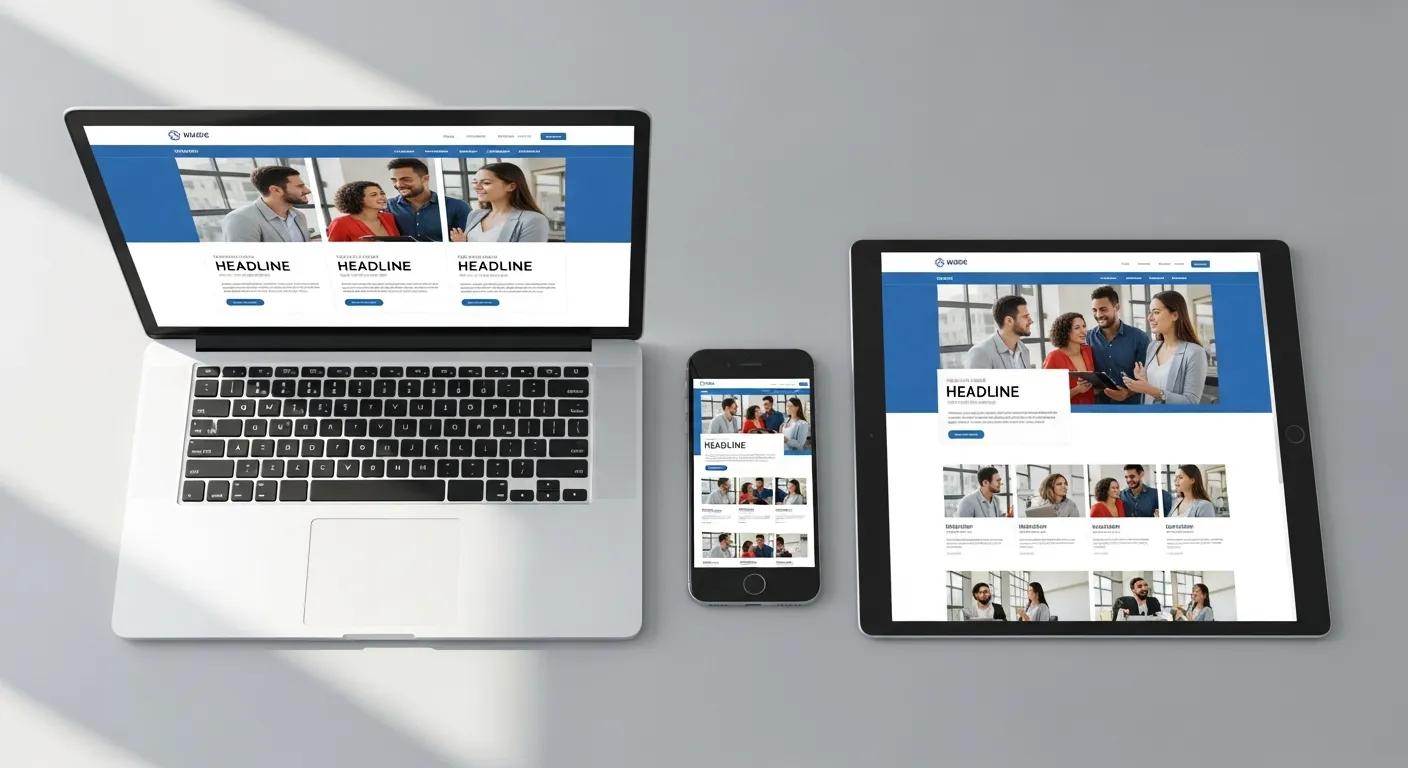 Laptop, smartphone and tablet showing the same responsive website layout