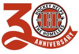 Hockey Helps the Homeless 30th Anniversary logo featuring a red "30" and circular emblem with the initials "HH" and text "Hockey Helps The Homeless."