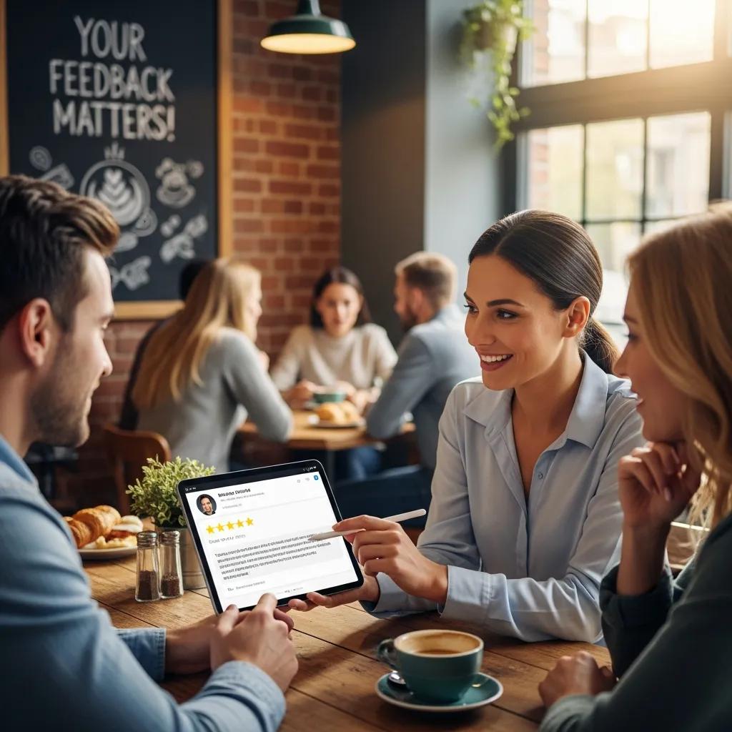 Business owner engaging with customers through online reviews on a tablet