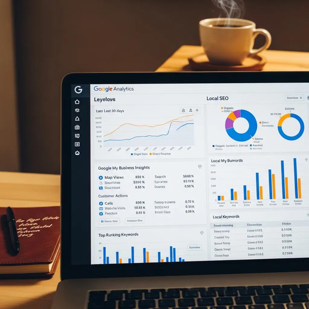 Close-up of a computer screen with Google Analytics metrics for local SEO performance