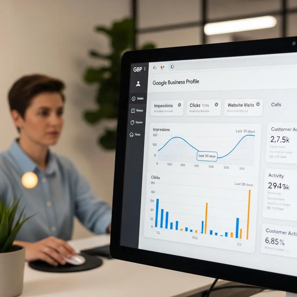 Close-up of Google Business Profile metrics on a computer screen, illustrating local SEO performance analysis