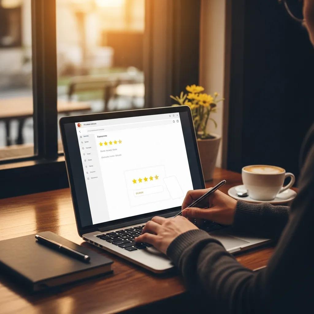 Customer leaving a review on a laptop in a cozy café setting