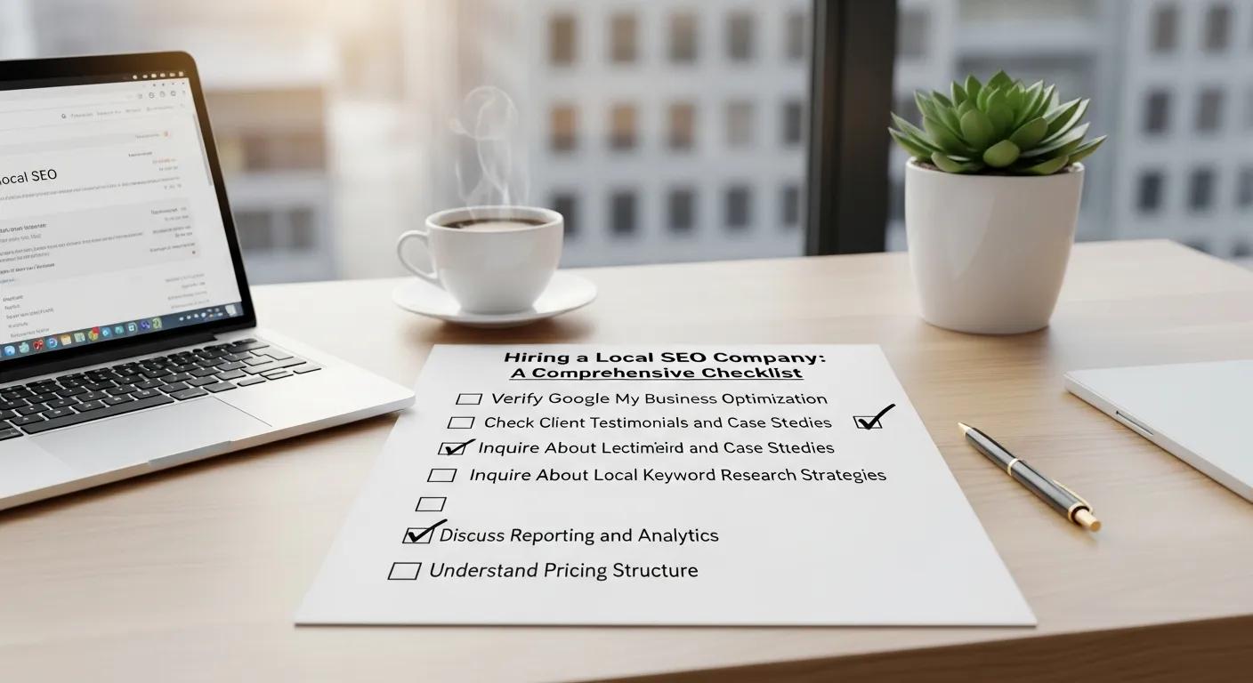 Checklist for hiring a local SEO company on a desk