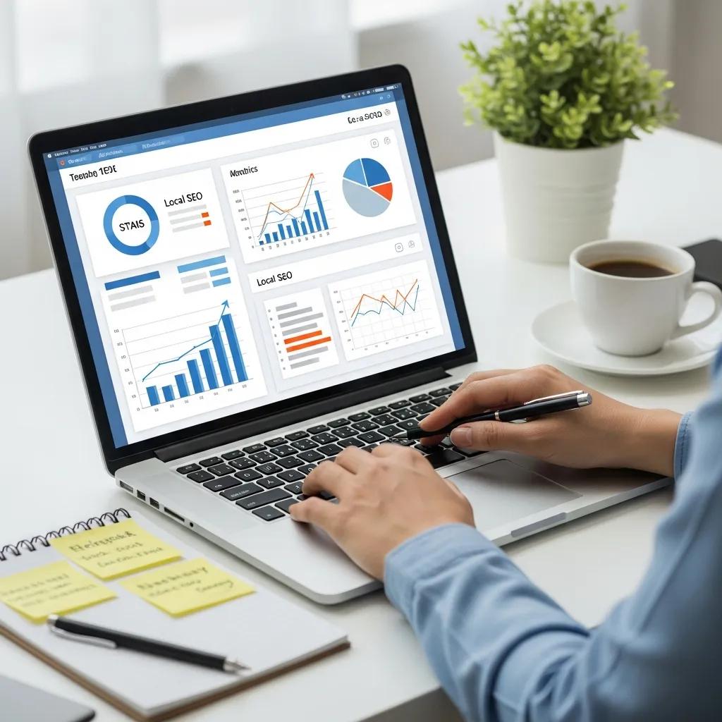 Digital marketing professional analyzing local SEO metrics on a laptop in a bright workspace