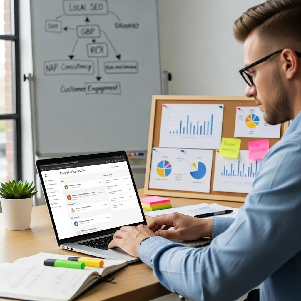 Digital marketing professional optimizing Google Business Profile on a laptop, focusing on local SEO strategies
