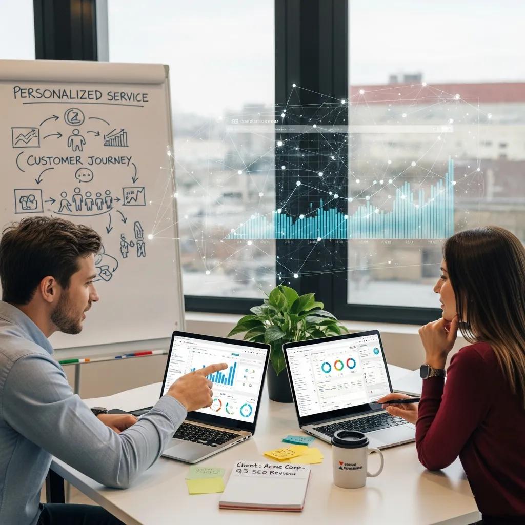 Digital marketing professionals analyzing SEO data in a modern office setting