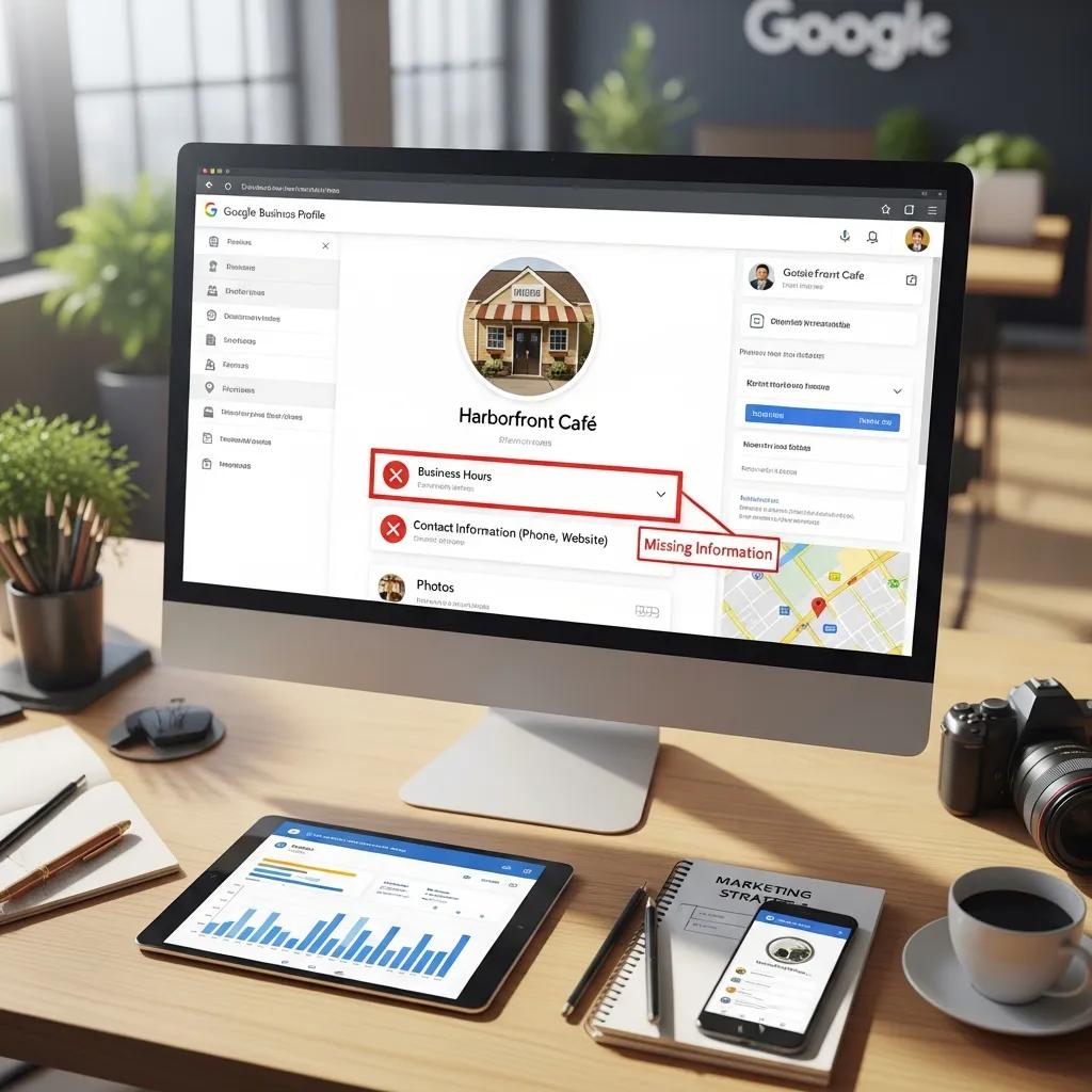 Google Business Profile on a computer screen with missing information