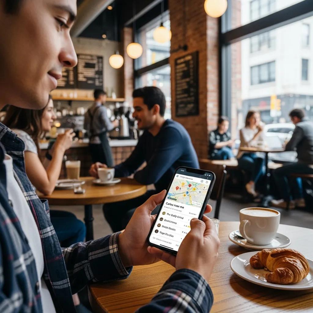 Person using a smartphone for local search in a café, highlighting the significance of mobile optimization for small businesses