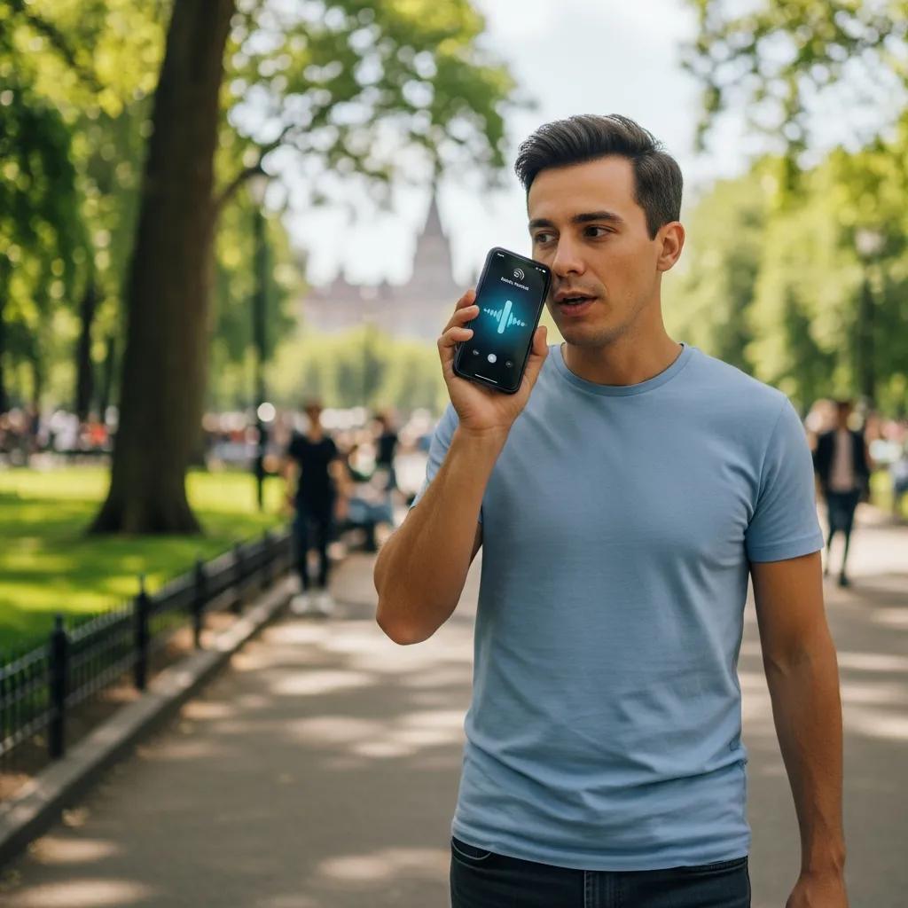 Person using a smartphone for voice search in a local setting, emphasizing mobile SEO strategies for small businesses