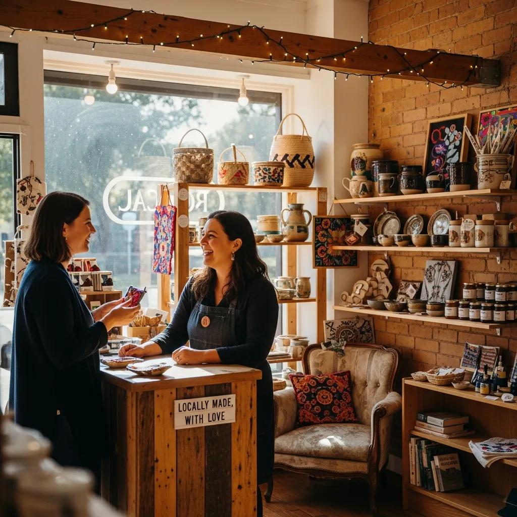 Small business owner engaging with customers in a local shop, emphasizing community connection and local SEO importance