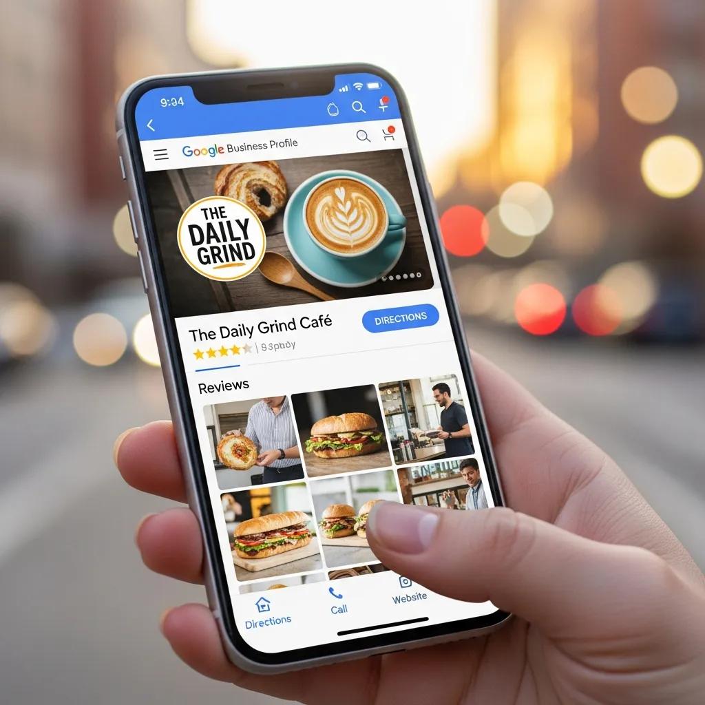 Smartphone displaying a Google Business Profile with a cityscape background