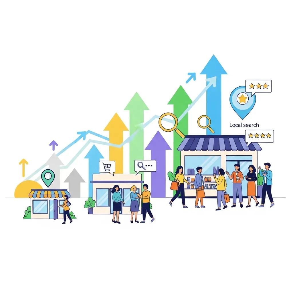 Visual representation of a business growth timeline influenced by local SEO, showcasing upward trends and customer engagement