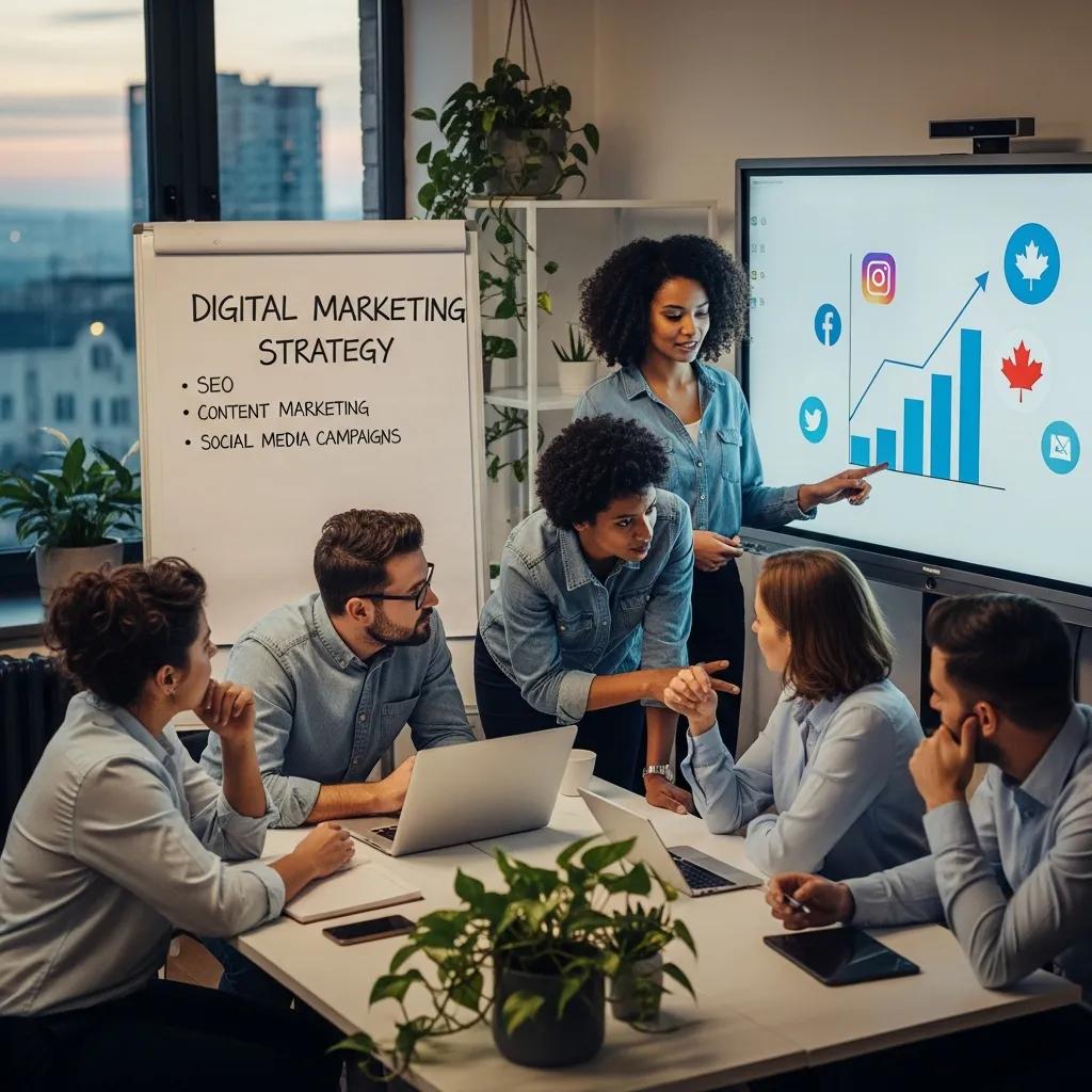 Diverse professionals collaborating in a modern office, symbolizing digital marketing growth