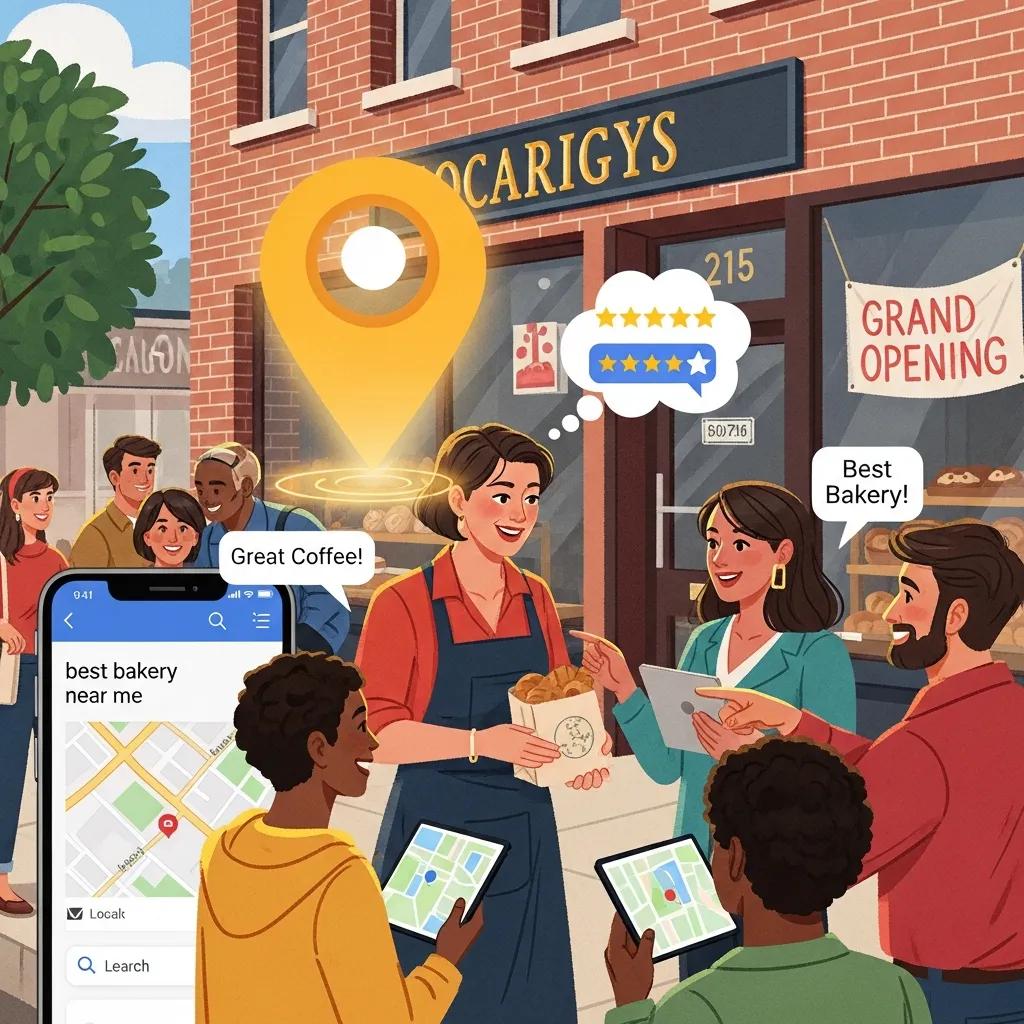 Local business owner interacting with customers, highlighting local SEO strategies