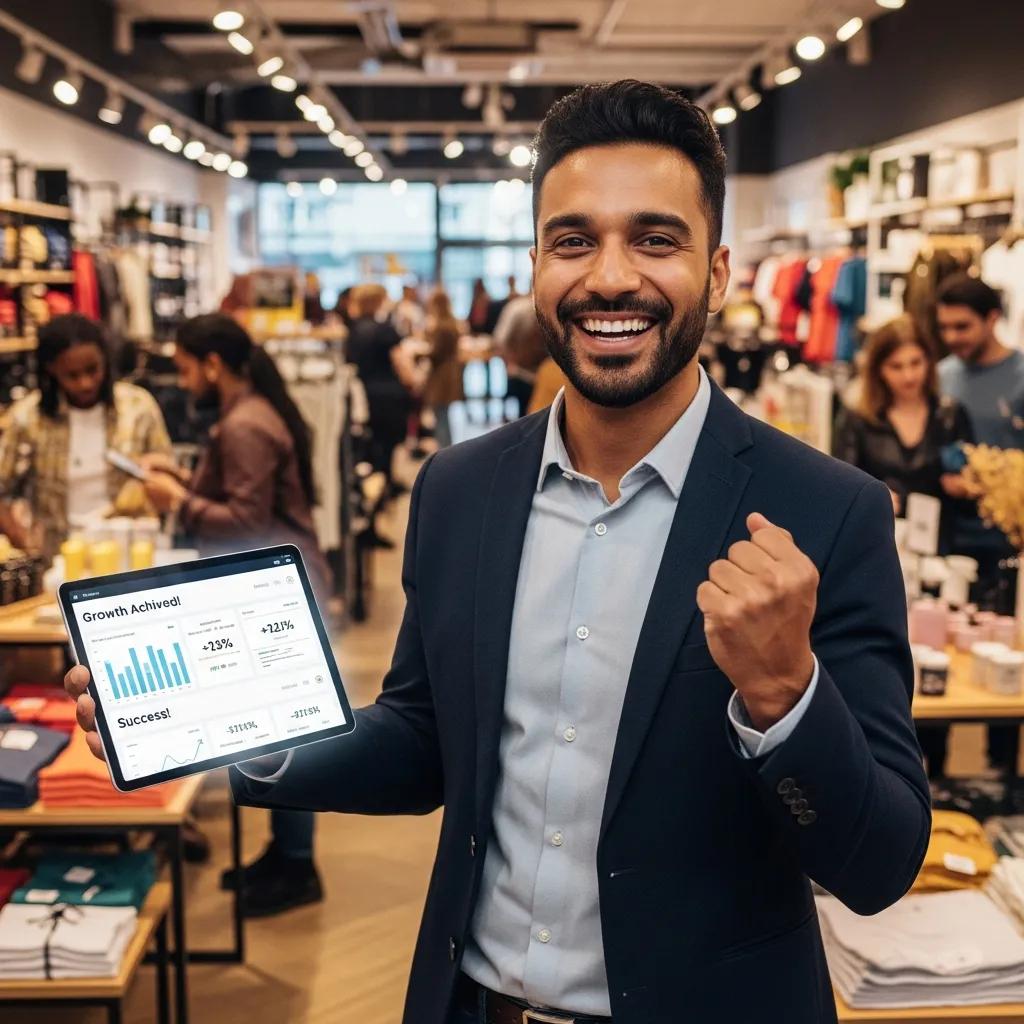 Retail business owner celebrating improved marketing analytics and performance