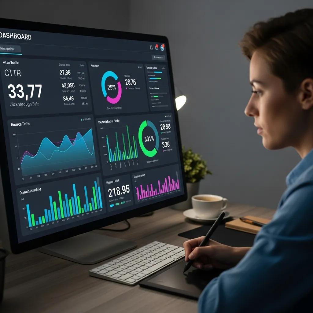 SEO dashboard showing performance metrics and trend charts