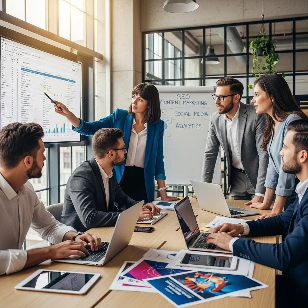 Diverse business professionals collaborating on digital marketing strategies in a modern office