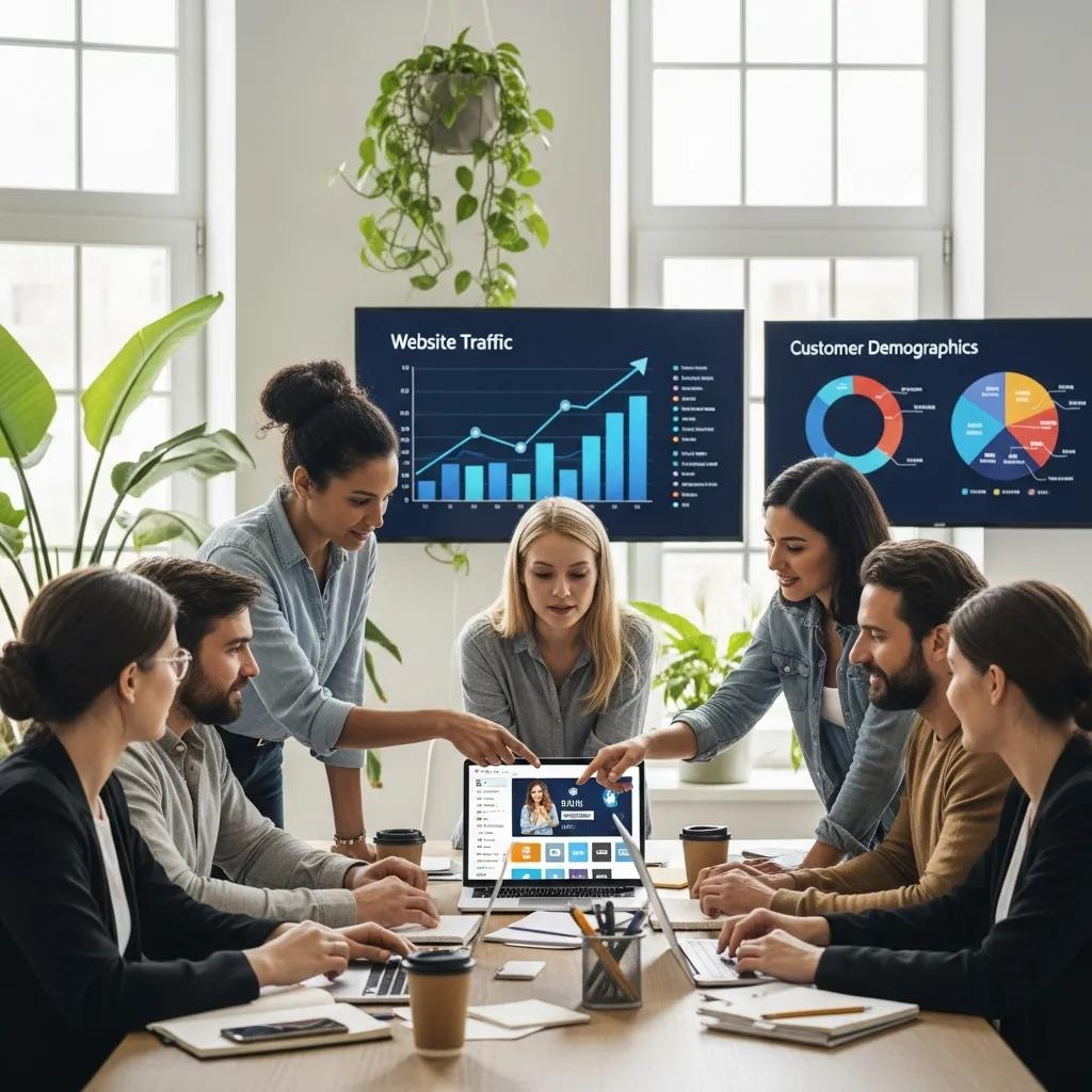 Diverse digital marketing team collaborating on client feedback strategies