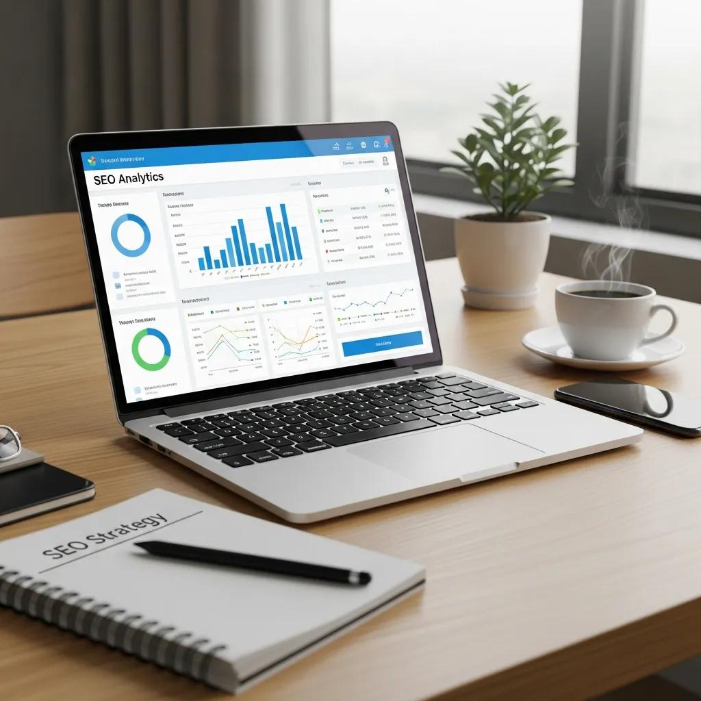 Modern workspace with laptop showing SEO analytics and tools for digital marketing