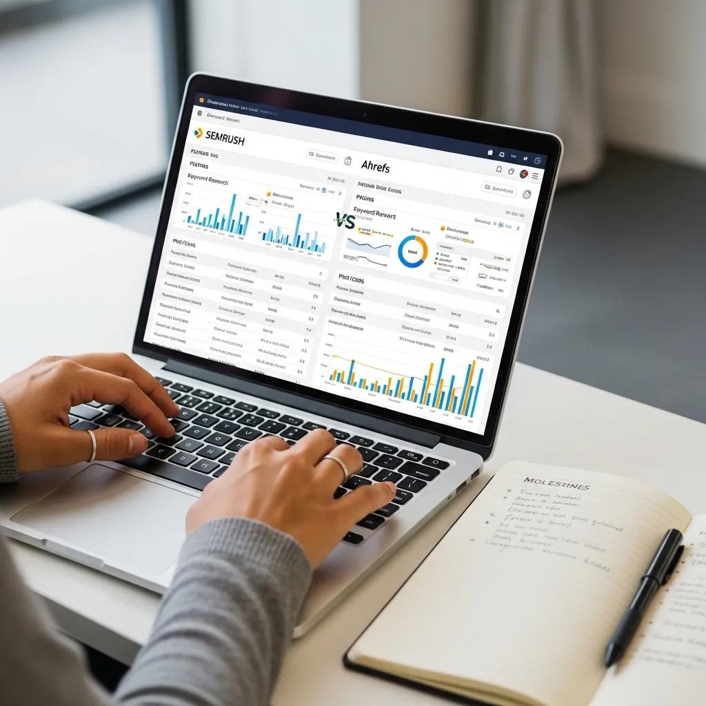 Person comparing SEO reporting tools on a laptop